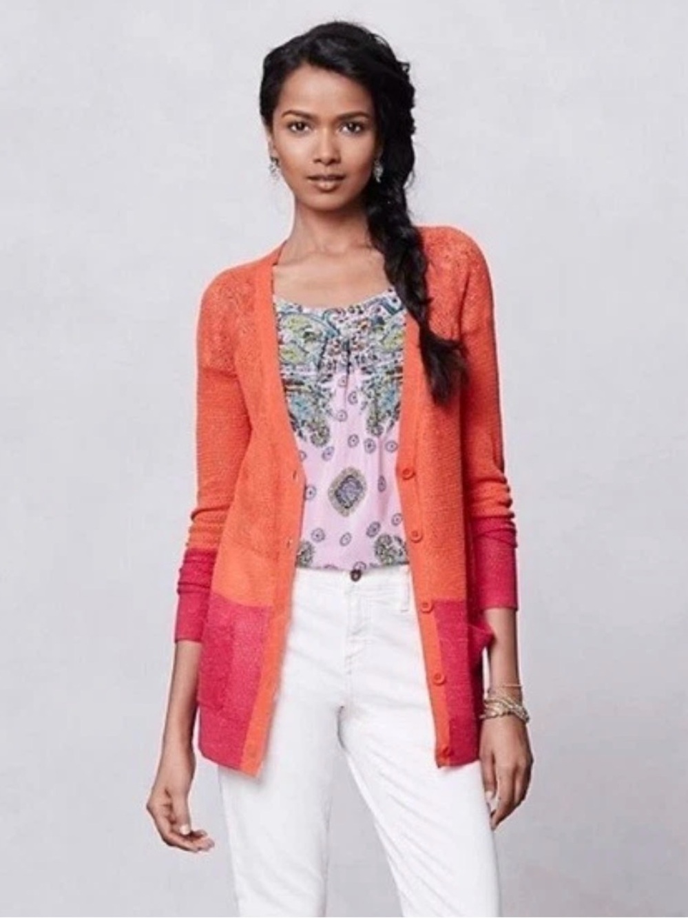 Anthropologie MOTH Colorblock Pointelle Knit Cardigan XS Orange Pink Boho